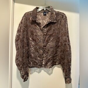 GAP Recycled Crushed Velvet Crop Shirt in Taupe Floral Sheer Size XL